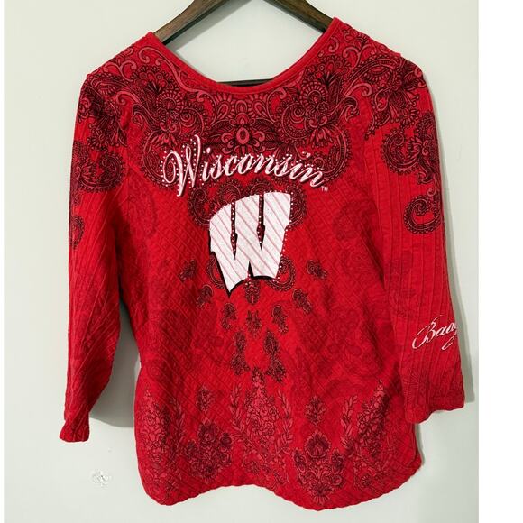 P Michaels Wisconsin Badgers Womens Top XL Red White Rhinestone Collegiate NCAA - Picture 1 of 10